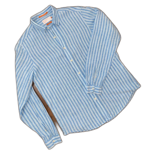 Richards Balneário Linen Button-Up Shirt Blue White Striped Mens Sz 3 M/L Brazil - Picture 1 of 9